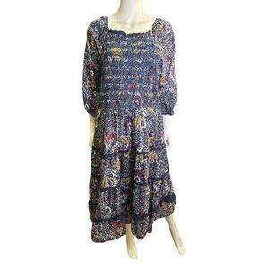 Ivy City Co. Smocked Midi Navy Blue Floral Tiered Ruffle Dress Size 1X, EUC